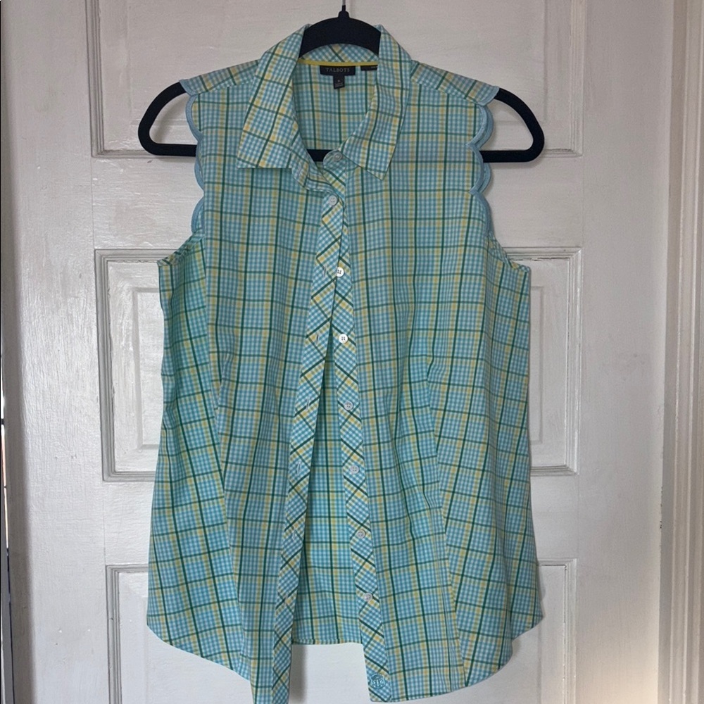 Cotton Talbots Blue and Yellow Plaid Sleeveless Button Front Blouse Size 8